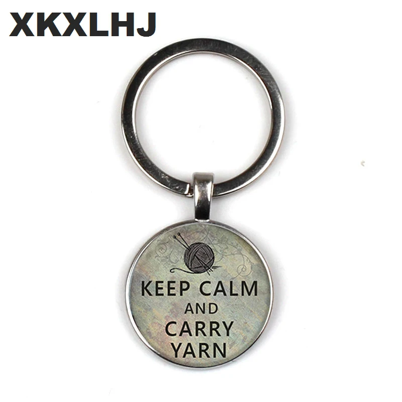 

1PCS Keep Calm Wearing Knit Pendant Knit Keychain Jewelry Crease Glass Photo Convex Round Key Chain Fashion Jewelry