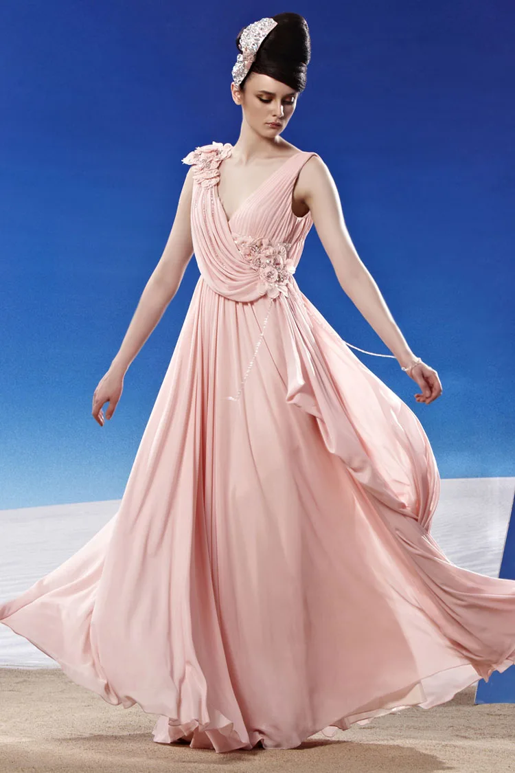 CONIEFOX V ОБРАЗНЫМ ВЫРЕЗОМ РОЗОВЫЙ ДЛИННЕЕ ШИФОНОВОЕ ТАНЦЫ ПЛАТЬЯ 81189|pink long dress|pink dress
