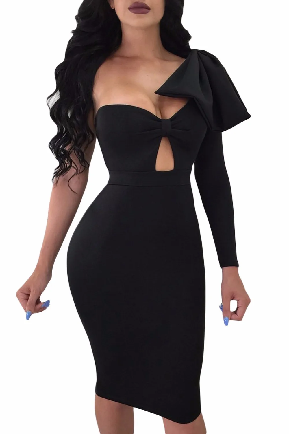 Black-Big-Bow-On-Shoulder-Bodycon-Nightclub-Dress-LC220403-2-1
