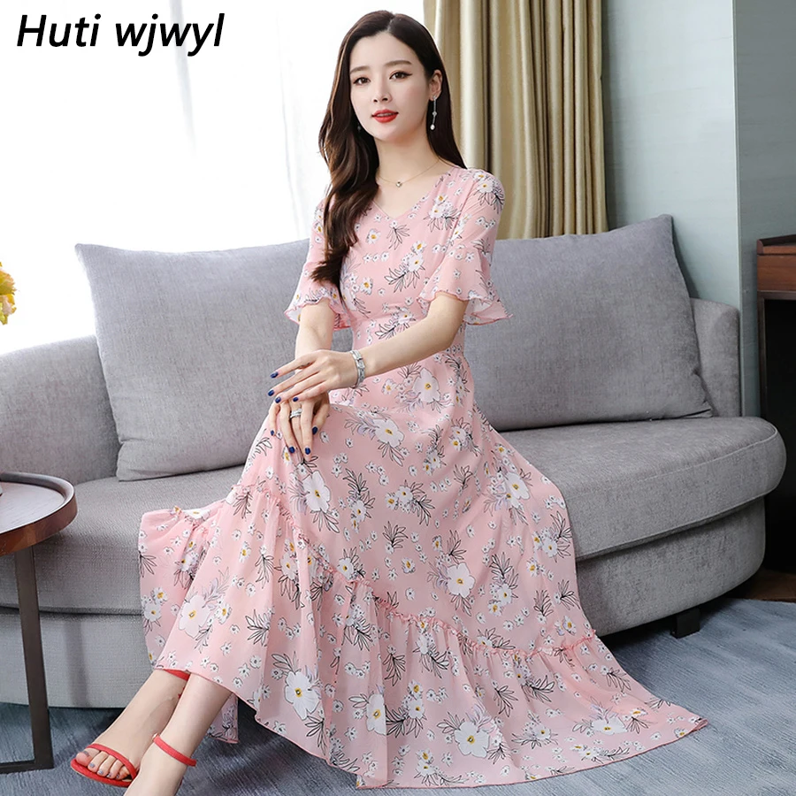 

3XL Plus Size Print Beach Midi Sundress Bodycon Party Vestidos 2019 Summer Elegant Women Vintage Floral Chiffon Boho Maxi Dress
