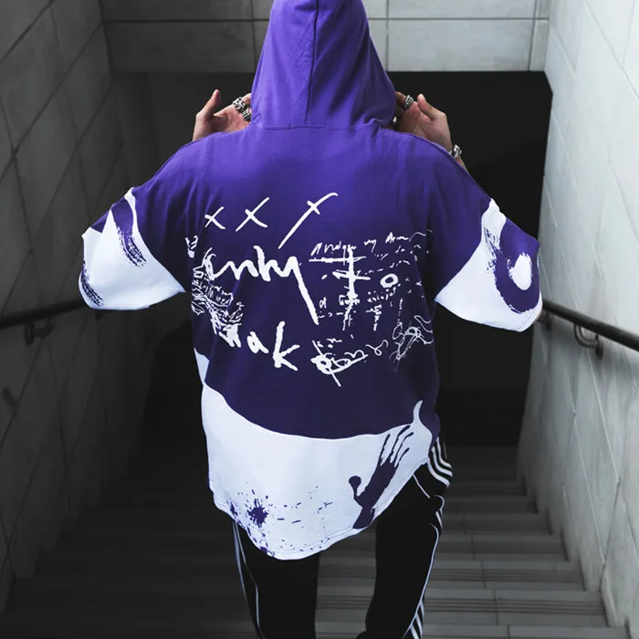 Мужская футболка с коротким рукавом Hoodie2019 летняя хлопковая Футболка уличный стиль хип-хоп Свободный граффити принт круглый вырез Высокая уличная Мужская футболка