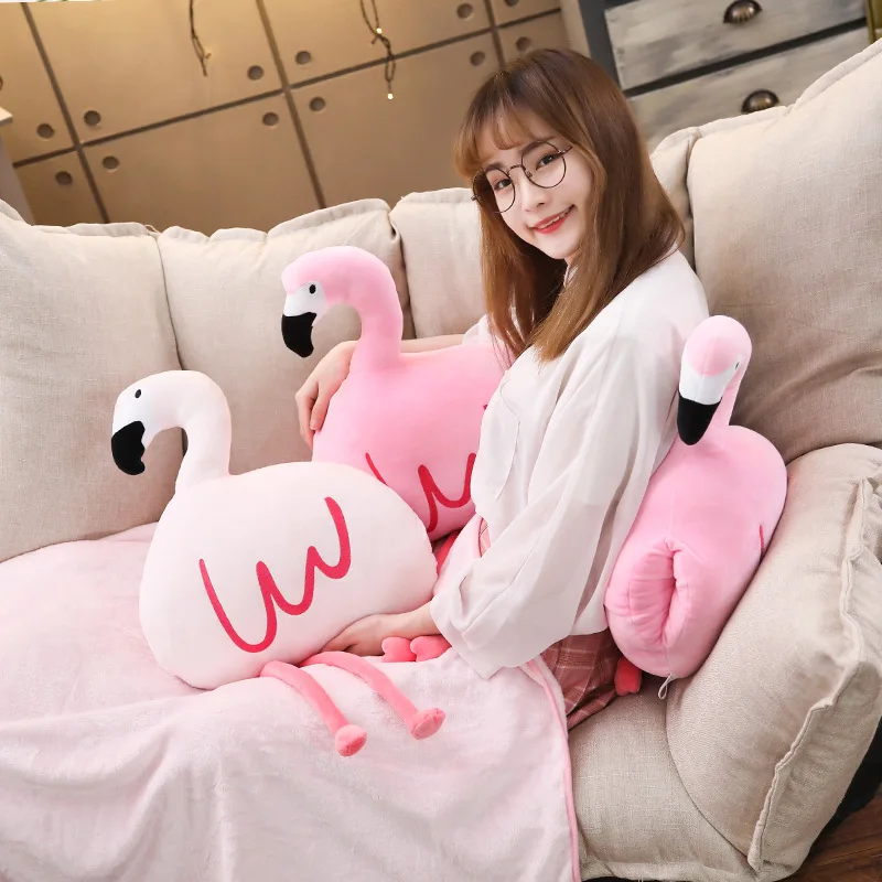 

70*35cm Lovely Flamingo Pillows with Blanket Stuffed Soft Swan Animal Plush Toys for Kids Girls Nap Pillow Cushion Birhtday Gift