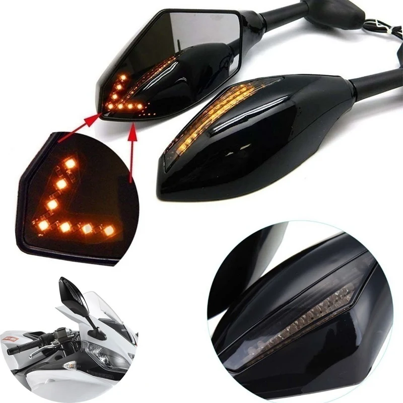 2pcs Motorcycle Rearview Mirrors with LED Turn Signals Lights Smoke