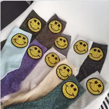 Смайлик Предварительно Дизайн Цветной глиттер носки женские хлопок ручное Бисероплетение носки Длинные забавные носки теплые блестящие женские носки Harajuku