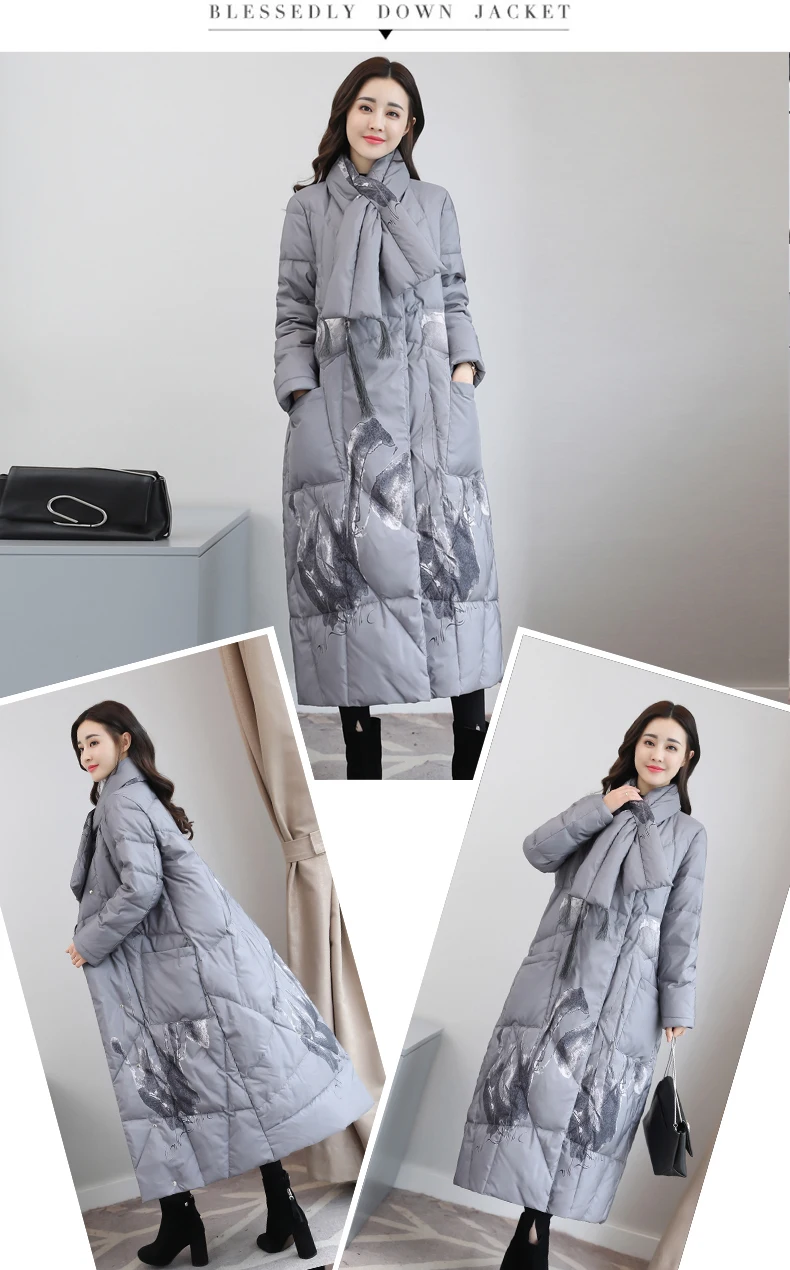 High Quality Winter Women's Ink and wash printing Chinese Style Vintage Long Down Coat