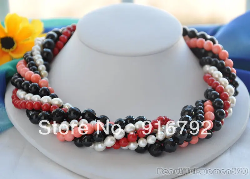 

free shipping >>>>>7row 17" red/pink coral black agate white pearl bead NECKLACE