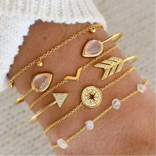 Европейские и американские богемные браслеты на запястье женский компас стрелы V Форма Шарм золотые цепи браслеты Набор модные ювелирные изделия