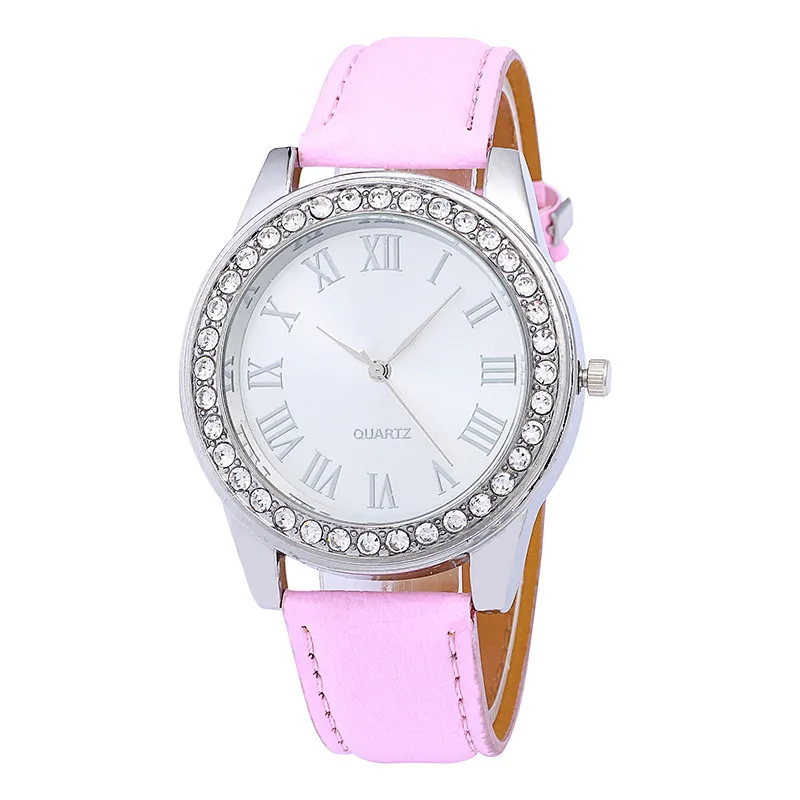 Новые модные женские часы с кожаным ремешком для женщин роскошные фирменные часы для девушек из нержавеющей стали, с украшением в виде кристаллов Циферблат Браслет кварцевые женские часы - Цвет: pink