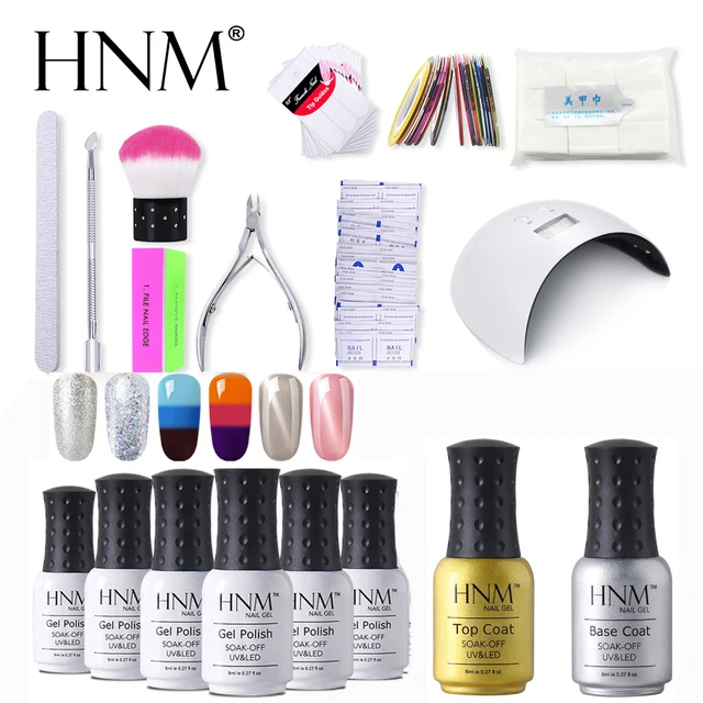 Special Offers HNM 8ml 24W UV LED Lamp Gel Polish Nail Art Tool Set 18pcs Kit Nail Remover Wraps Cuticle Nipper Cuticle Pusher Base Top Lacquer