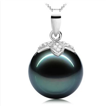 

AINUOSHI 10mm Natural Black Tahiti Pearl Round Pearl Necklace 925 Sterling Silver Leaves Shaped Engagement Necklace Pendants
