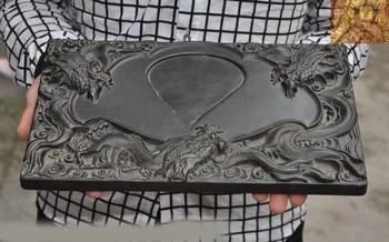 

wedding decoration Old Chinese Dynasty Black Rosewood Wood Carved Dragon Totem ink-stone ink slab