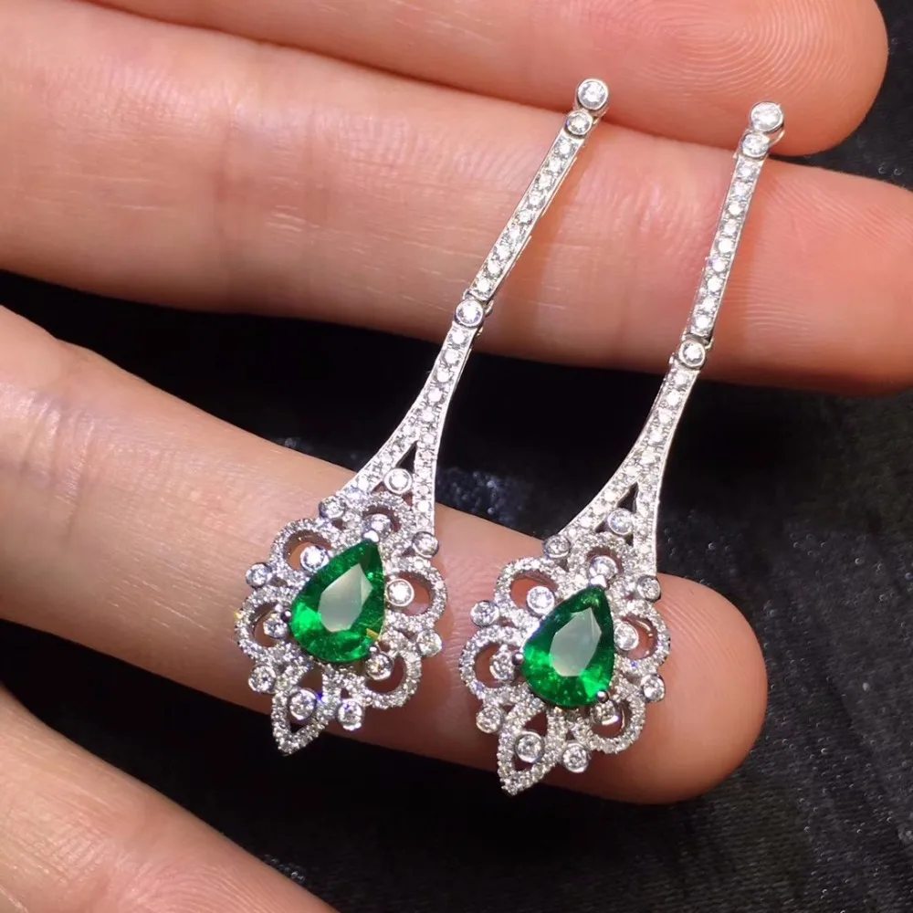 Изумрудные серьги настоящие хорошие драгоценности 18K Золото Зеленый Изумруд 1.32ct драгоценные камни бриллианты серьги-подвески для женщин тонкие серьги