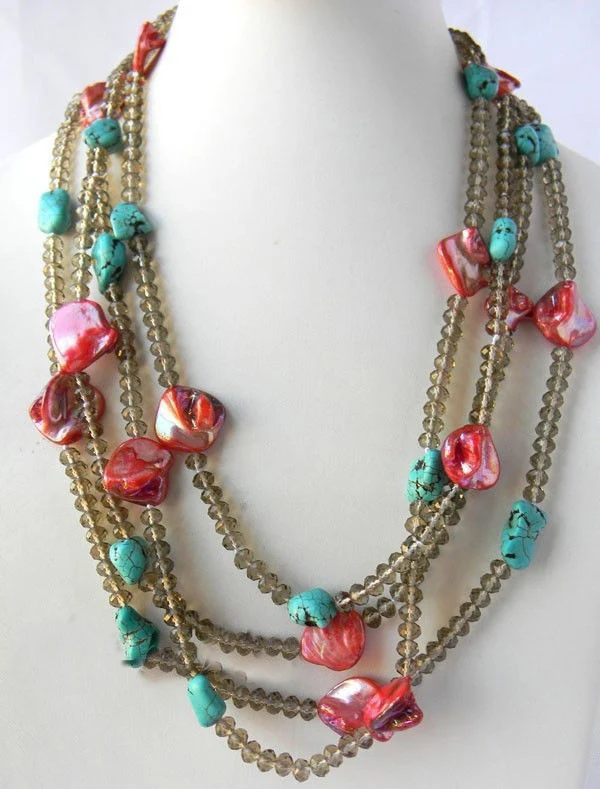 

Beautiful! 92" Faceted Crystal Red Shell Baroque Turquoise Necklace