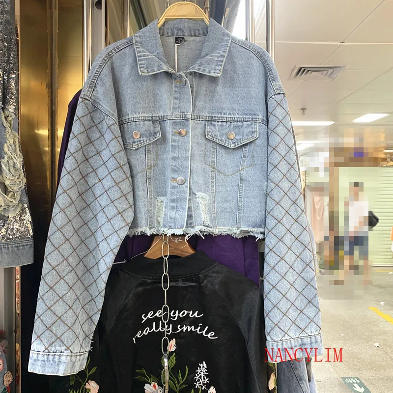 

Harajuku Heavy Industries Diamond-inlaid Short Denim Jacket Womens Fashion Fur Edge Holes Jeans Coat Outerwear Girls Cowboy Top