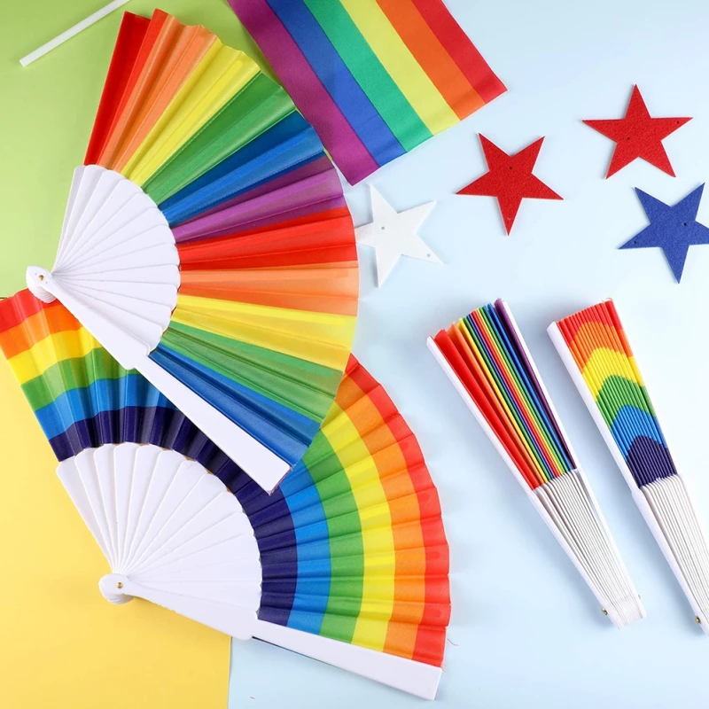 

Chinese Rainbow Pattern Folding Fan Plastic Folding Fan Household Decoration Craft DIY Wedding Party Decoration