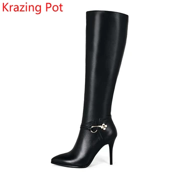 

2019 Brand Winter Shoes Solid Zipper Pointed Toe Thin High Boots Genuine Leather Plus Size Fashion Knee-high Handmade Boots L92