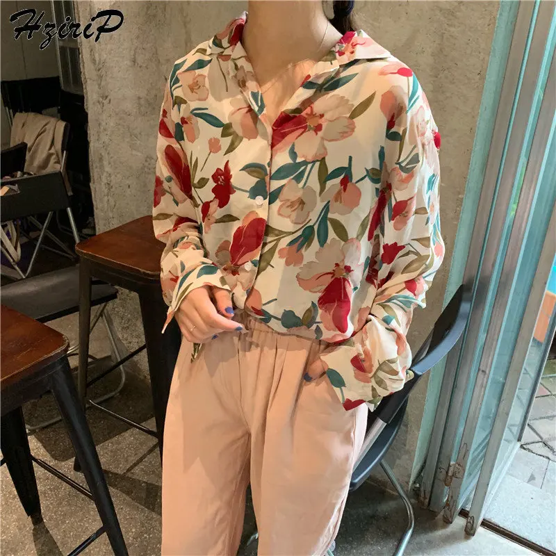 

HziriP Fresh Notched Casual Print Floral 2019 Vintage Summer Fashion Short Sleeves All-Match Chiffon Loose Women Sweet Shirts