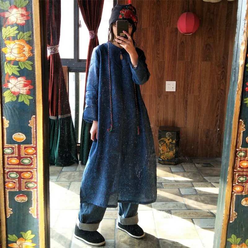 

Johnature Autumn Chinese Style Women Print Long Dresses New 2019 Vintage Loose Stand Collar Plate Buckle Long Sleeve Dresses