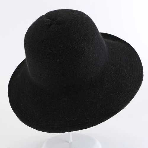 HT1949 Панама Высокое качество Женская шерстяная шапка теплые осенне-зимние вязаные шапки для женщин Женские однотонные простые шляпы с широкими полями - Цвет: Черный