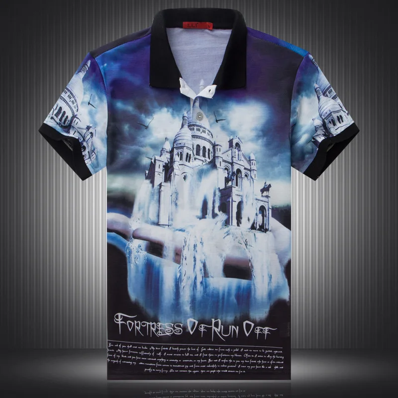 

Vintage castle letter pattern digital print short sleeve polo shirt Summer 2019 New high-quality breathable polo shirt men M-3XL
