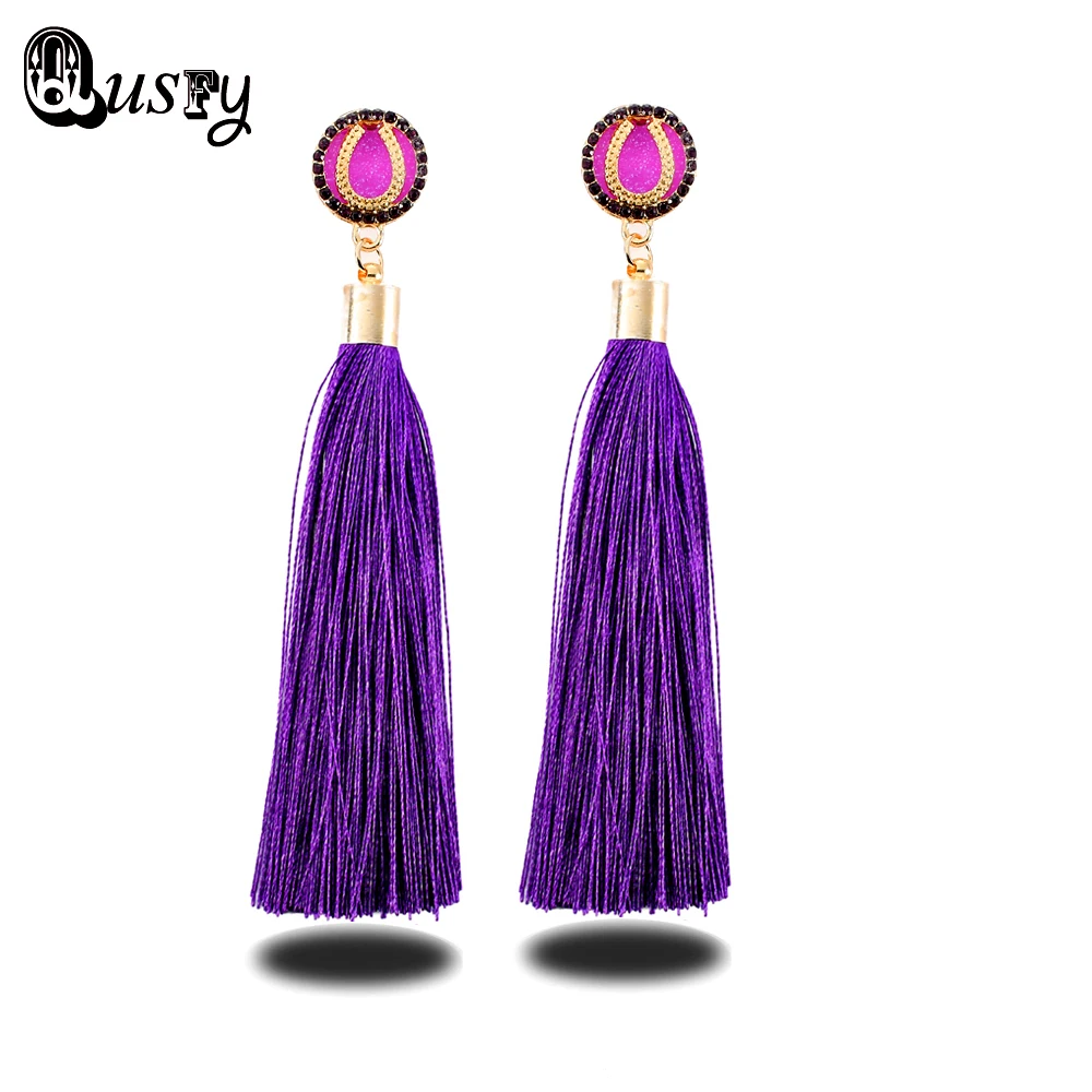 Qusfy длинной кисточкой серьги падения Rhinestone себе розовый горный хрусталь подкова