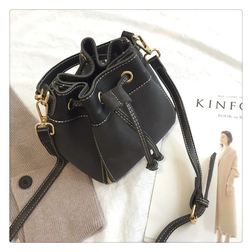MJ Women Leather Handbags Vintage Suede PU Leather Crossbody Bag Drawstring Bucket Bag Female Small Messenger Bags Korean Style (14)