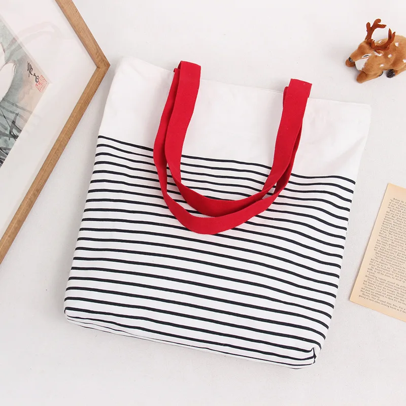 Women Cotton Canvas Shopping Tote Shoulder Carrying Bag Eco Reusable Bag Stripe Zippered Design ...