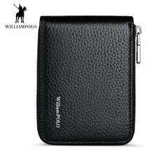 WILLIAMPOLO Genuine Leather Men Wallet Card Holder Case Coin Pocket Small Wallets Multiple Card Slots Zipper Claret Black 2018