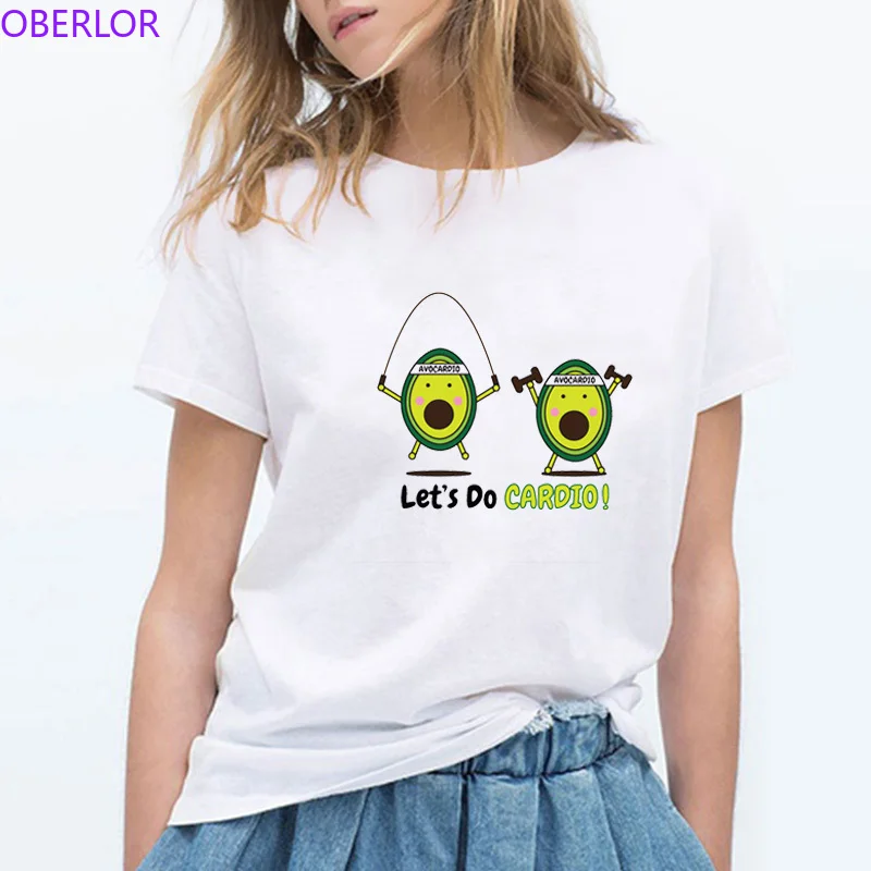 

Harajuku Woman Summer T Shirts Kawaii Cartoon Fruit Avocado Let's Do Cardio Pattern T-shirts Girls Funny Short Sleeve Top Tees