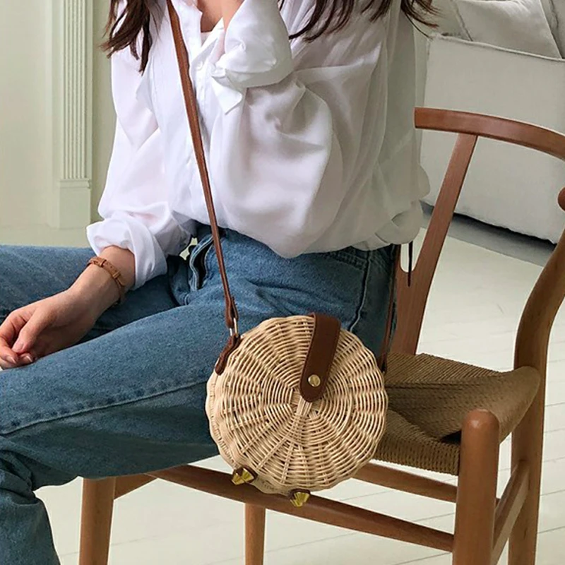 

2018 Women Straw Bag Bohemian Bali Rattan Beach Handbag Small Circle Lady Vintage Crossbody Handmade Kintted Shoulder Bags