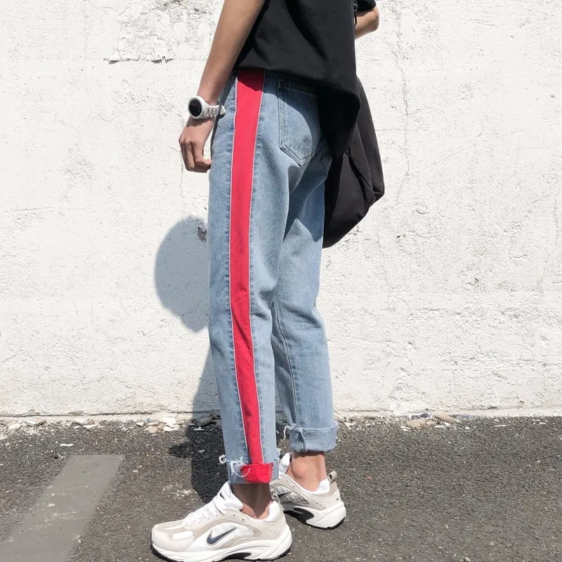 2018 новые весенние Мужская мода прилив ковбой сбоку нашивки пят Брюки Slim Fit голубой цвет Повседневное Мужской Джинсовые Брюки S-2XL