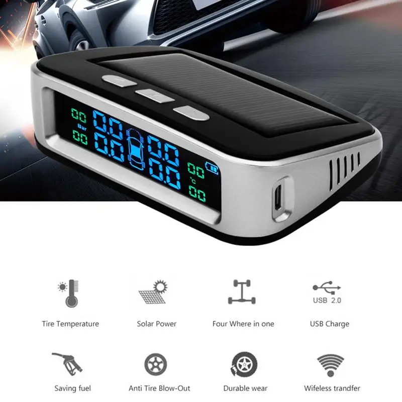 Wireless Car Tire Pressure Alarm Monitor System TPMS LCD Display Solar Powered Car 4 External Sensor Temperature Alarm