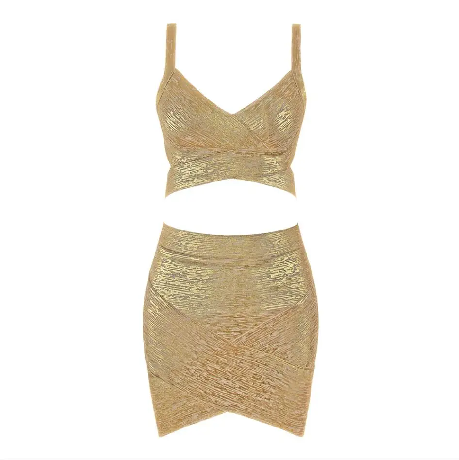 Vestido, 5 цветов, сексуальное бронзовое платье с v-образным вырезом, 2 шт., розовое, серебряное, Золотое Платье-бандаж, женское очаровательное облегающее Бандажное платье - Цвет: Золотой