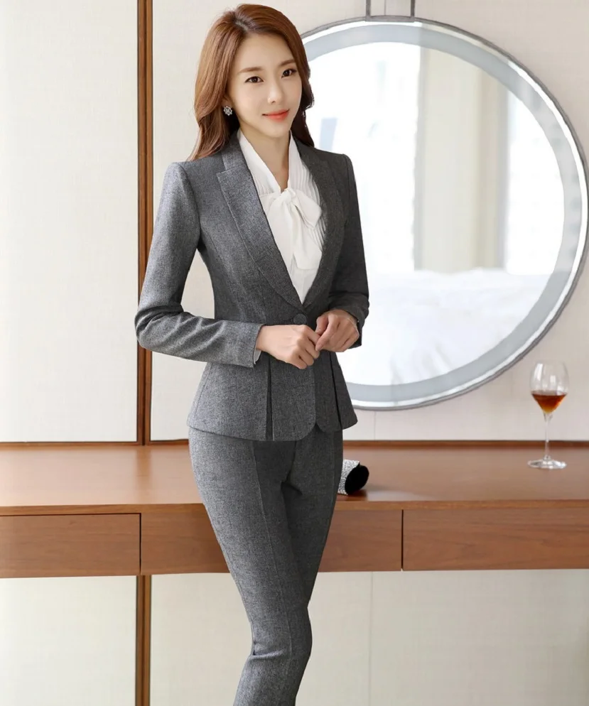 Novelty Grey Formal Pantsuits Office Ladies Work Suits With Jacket And ...