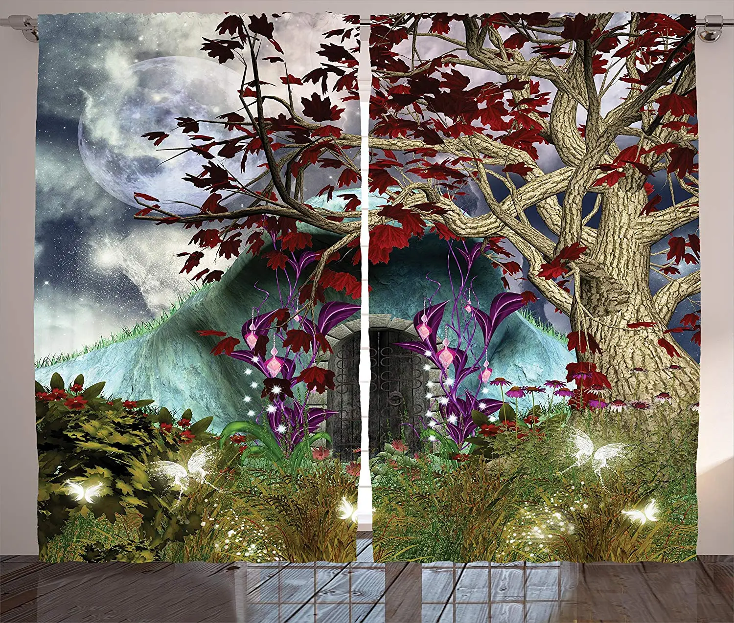 Living Room Curtains Mystical Magical Tree Anime Moon Digital Art