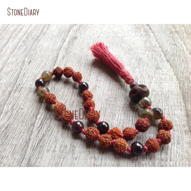 20180312-BM10963-Hand knotted Rudraksha, Garnet & Labradorite 27 Bead Pocket Quarter Mala natural gemstone pyrite japa mantra meditation prayer beads_2