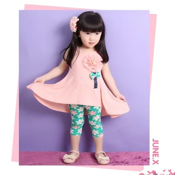 

Fashion Girls Clothing Sets 2016 Summer Girls Dress + Leggings Casual Suit Modal Fabric Pastoral Flower Baby Kids Clothes