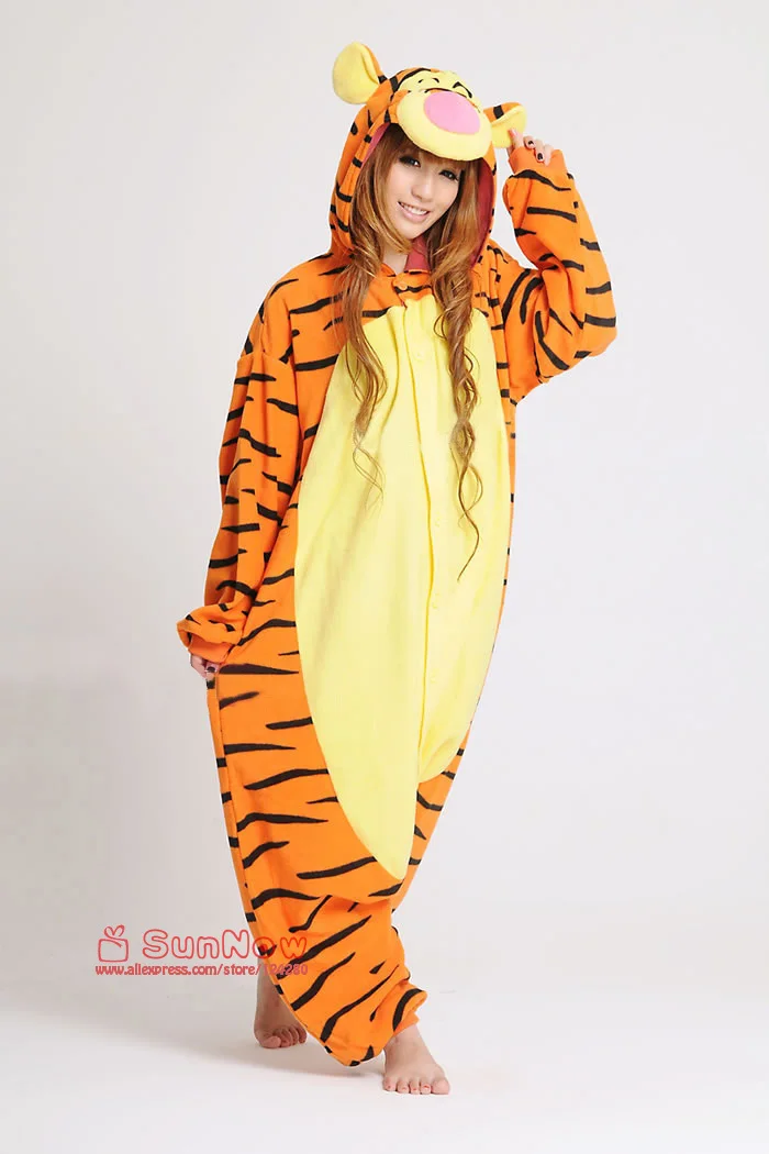 Японский флис Kawaii Tigger onesies костюм мультфильм животных Тип Косплей пижамы флис Взрослые женщины мужчины Хэллоуин костюм