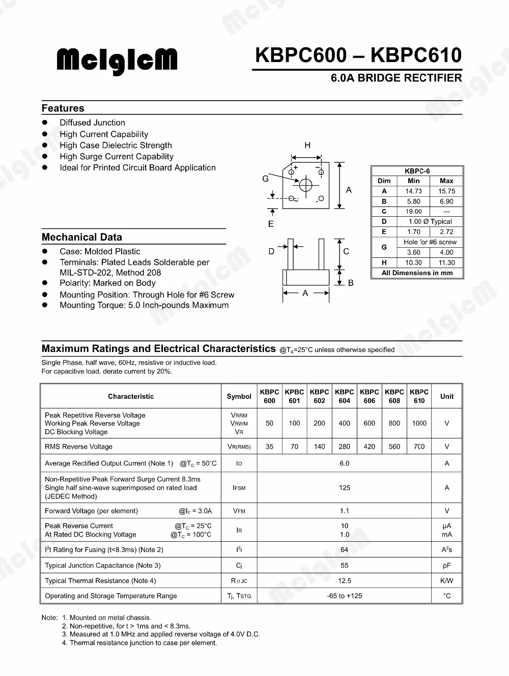 MCIGICM 5PCS 6A 1000V diode bridge rectifier kbpc610