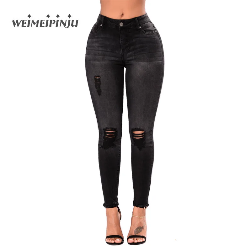 Women Holes Ripped Jeans Skinny Denim Pants High Waist Push Up Stretch