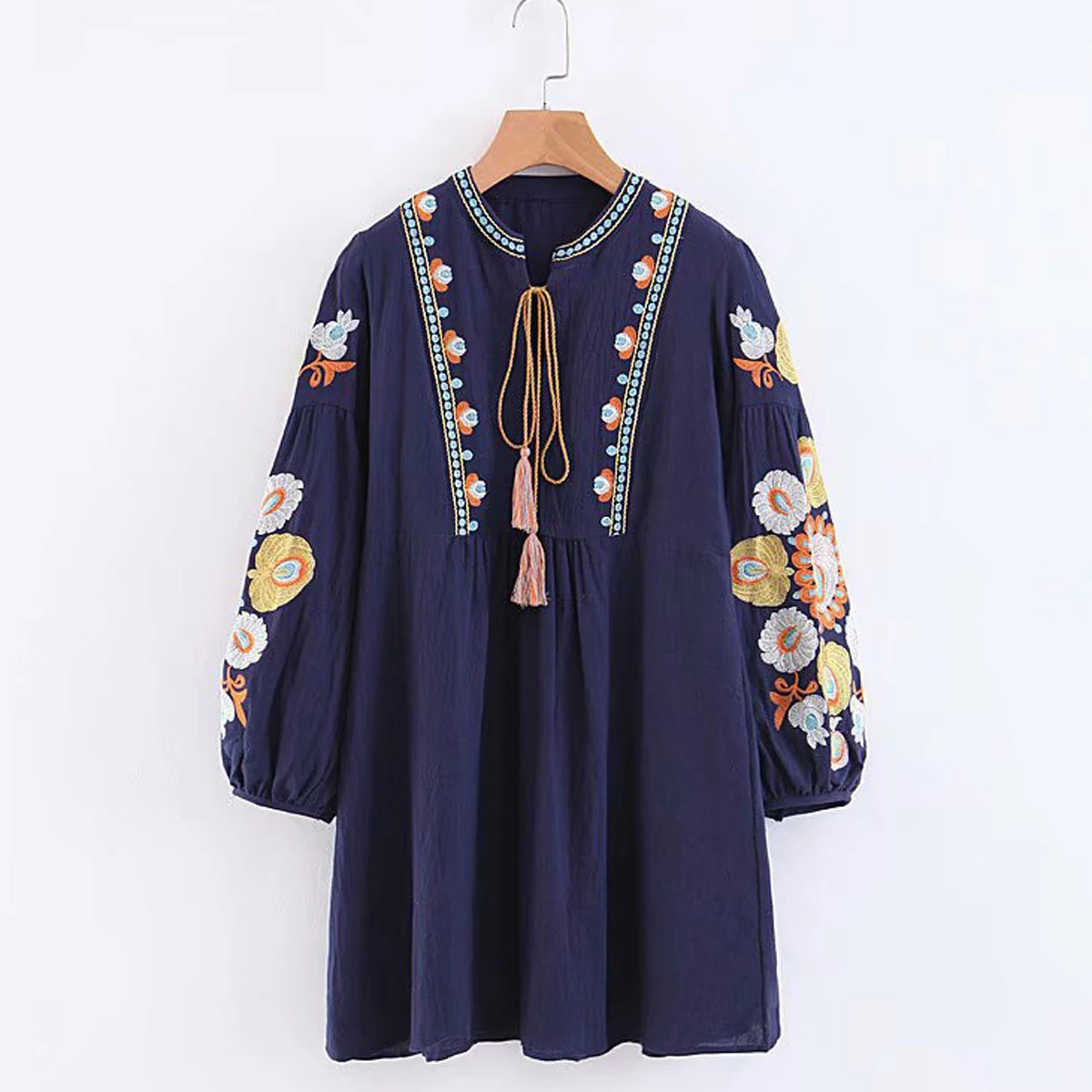 

Jastie Lace up O-Neck Women Dress Boho Floral Embroidered Dresses Long Sleeve Loose Autumn Dress 2018 Hippie chic Mini Dresses