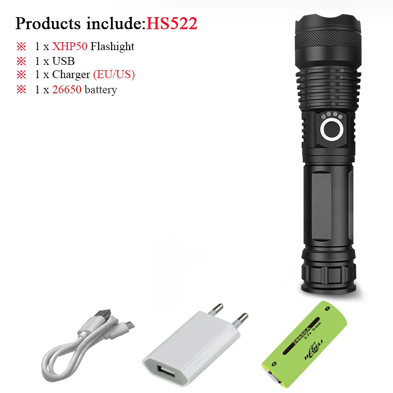 led flashlight 8000 lumens xhp70.2 most powerful flashlight 26650 usb torch xhp70xhp50 lantern18650 hunting zoom lamp handlight - Испускаемый цвет: DHS522D1