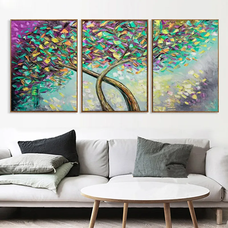 

Knife 3 Panel Wall Painting Pictures Handpainted Abstract Trees Landscape Oil Paintings on Canvas Modern Home Decor Art 3 Piece