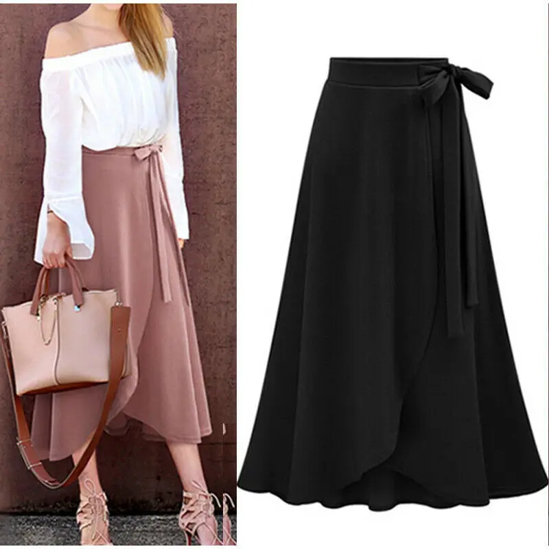 

Fashion Women's Maxi Boho Skirts Solid Summer High Waist Beach Casual Evening Party Long Sundress Black Green Pink