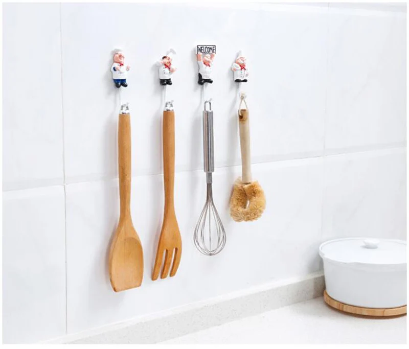 Resin Stainless Steel Hook Creative Wall Decoration Glue No Trace Hook Kitchen Bathroom Cute Chef Shape Strong Key Hooks (11)