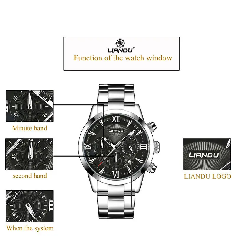 LIANDU Multiple Time Zone Men's Fashion Business Watch Chronograph Unique Engraved Dial Military Sport Watches Relogio Masculino