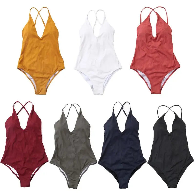 

Women One Piece Bikini Plunging V-Neck Backless Monokini Hollow Out Cross Bandage Back Swimsuit Solid Color Thread Stripes Ruche