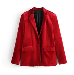 Новый 2018 Демисезонный с длинным рукавом Твердые бархатный блейзер Красный Зеленый одна кнопка тонкий Для женщин офисного костюма и куртка