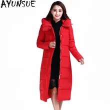AYUNSUE красный теплый 90% белый пуховик женская зимняя куртка с капюшоном женские куртки стеганые женские длинные парки Mujer WXF224