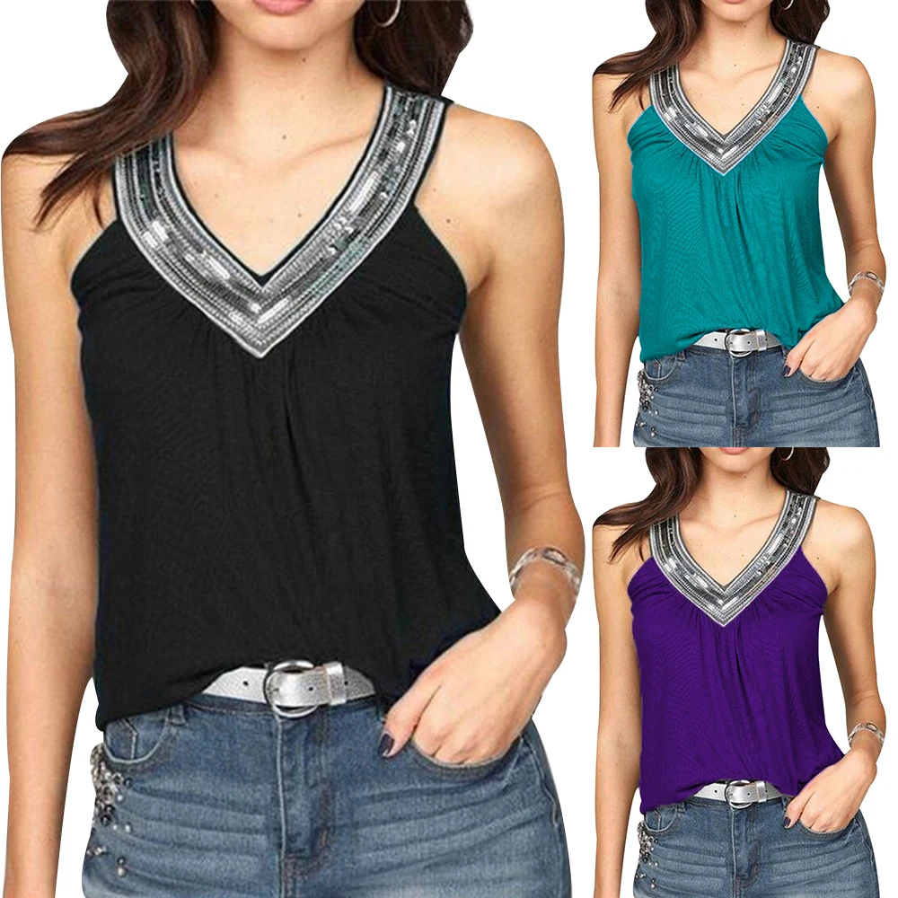 

Summer Sexy Black Purple Blue Sequin Sleeveless Tank Top Women Clothes Off Shoulder Elegant Tops V Neck Slim Shirt Streetwear